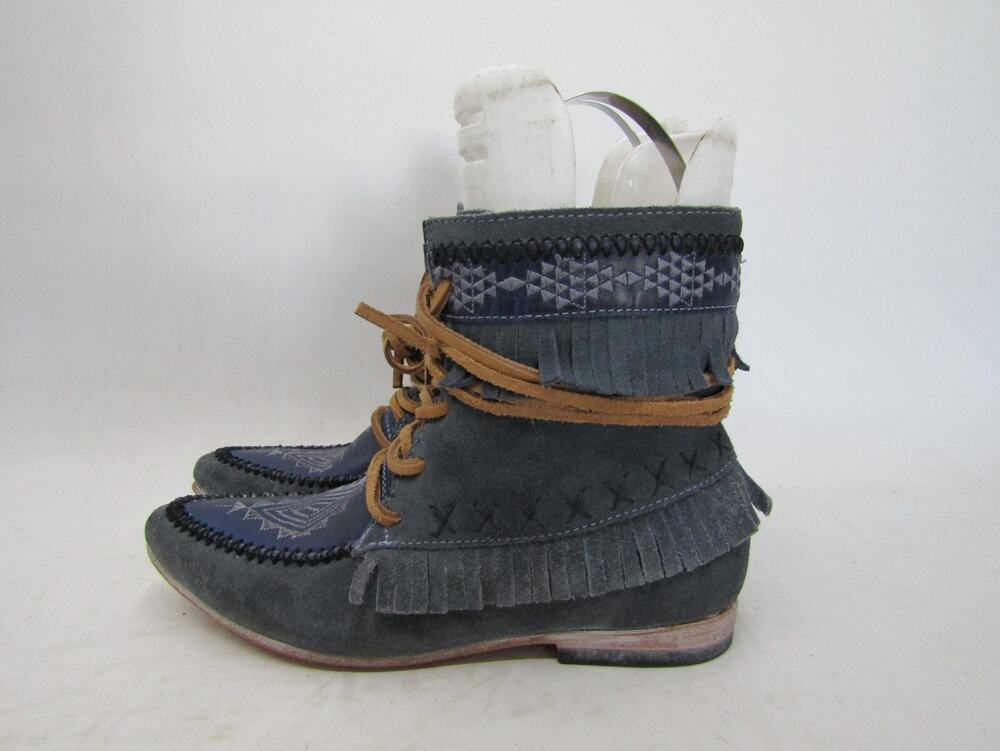 Freebird By Steven Womens Size 6 Blue Suede Fringe Ankle Moc Toe Boots Bootie